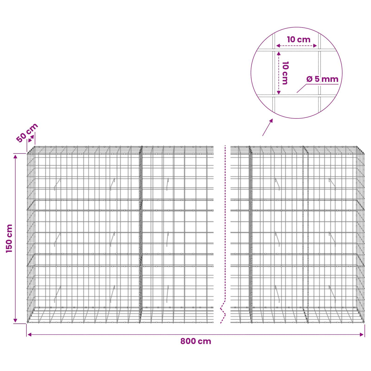 Γκαμπιόν με σύρμα 5 mm και πλέγμα 10x10 cm 800x50x150 εκ.
