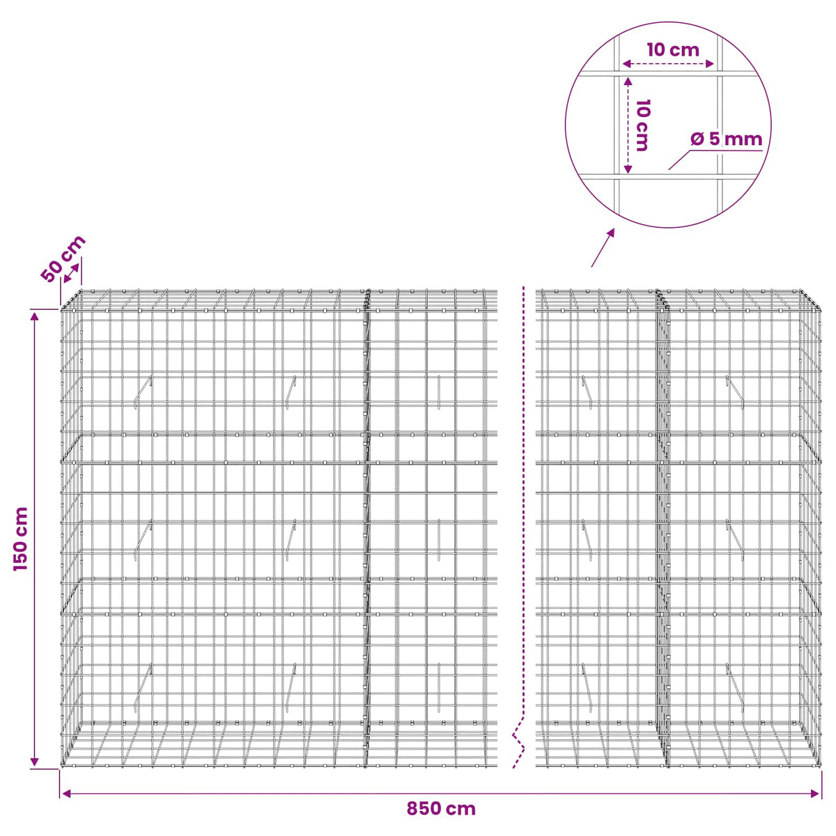 Γκαμπιόν με σύρμα 5 mm και πλέγμα 10x10 cm 850x50x150 εκ - Pakobazaar