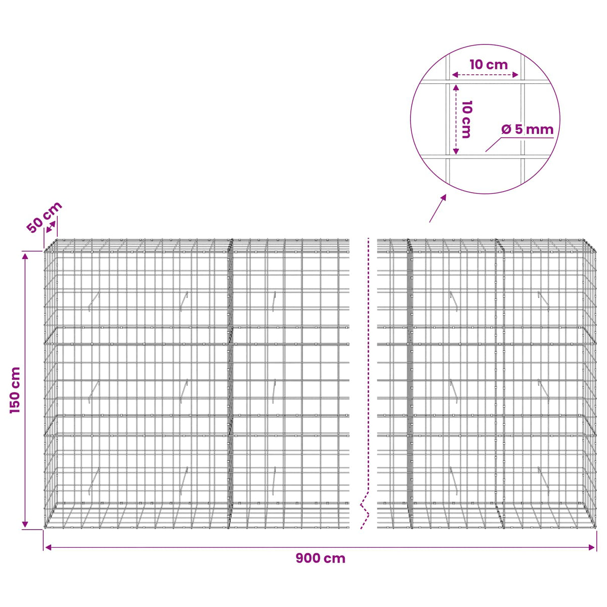 Γκαμπιόν με σύρμα 5 mm και πλέγμα 10x10 cm 900x50x150 εκ - Pakobazaar