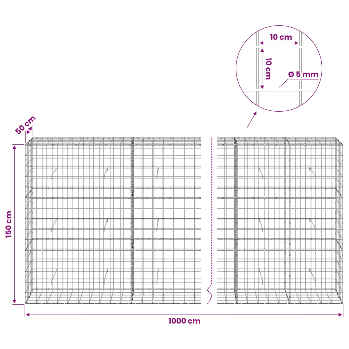 Γκαμπιόν με σύρμα 5 mm και πλέγμα 10x10 cm 1000x50x150 εκ - Pakobazaar