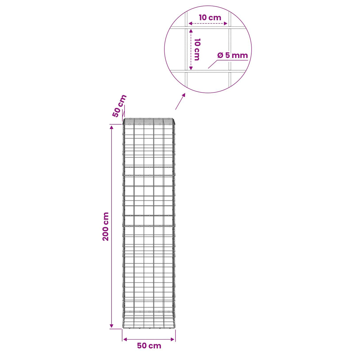 Γκαμπιόν με σύρμα 5 mm και πλέγμα 10x10 cm 50x50x200 εκ