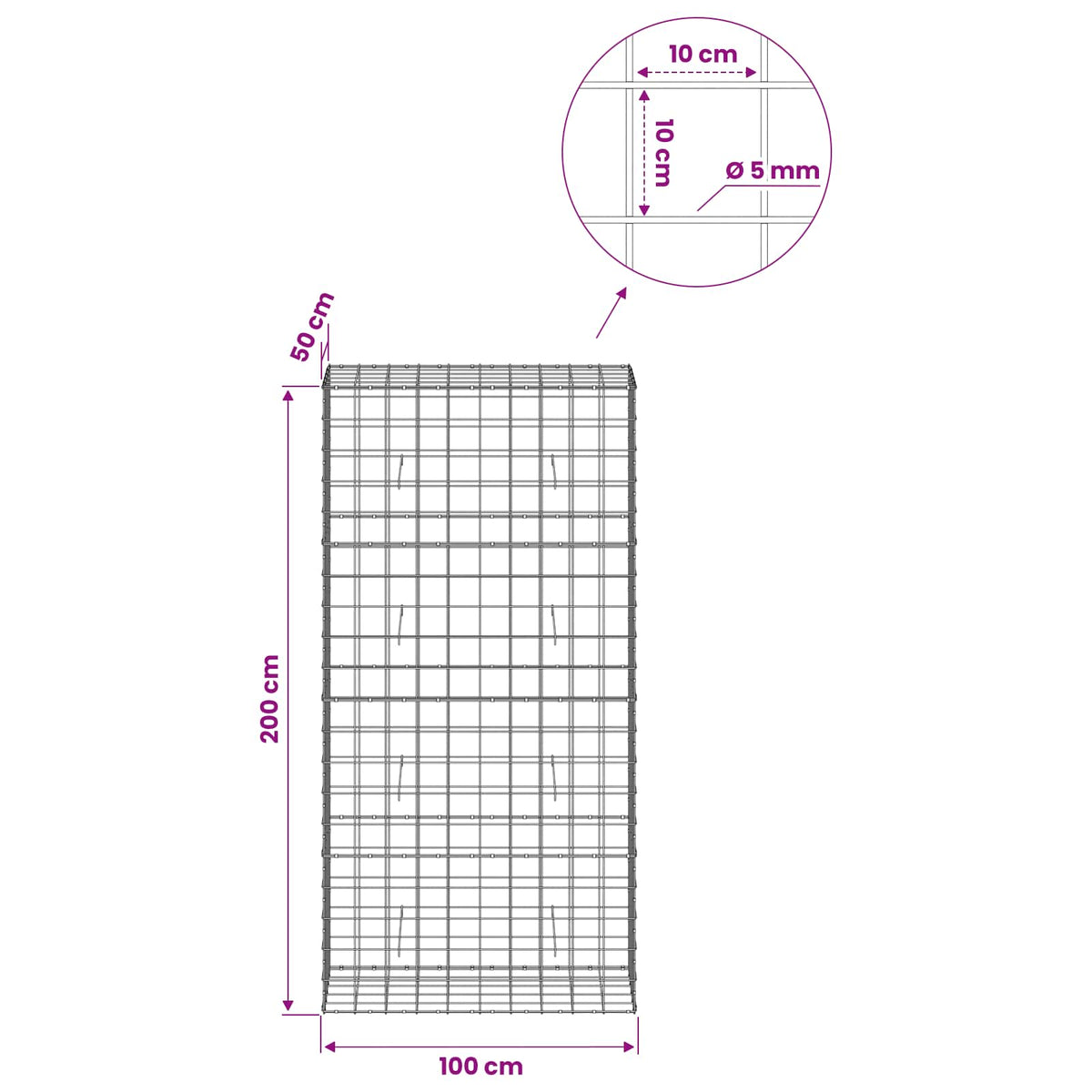 Γκαμπιόν με σύρμα 5 mm και πλέγμα 10x10 cm 100x50x200 cm - Pakobazaar