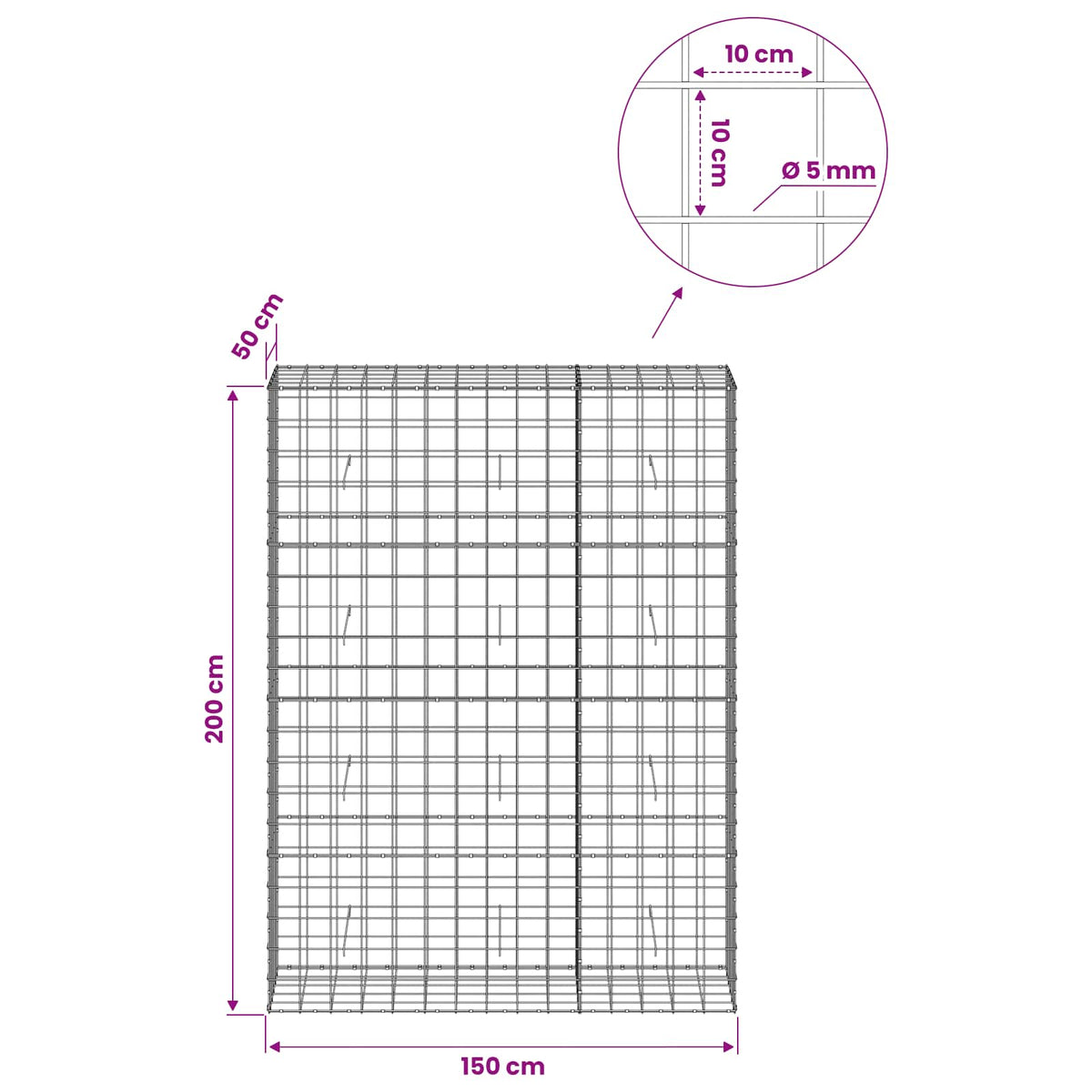 Γκαμπιόν με σύρμα 5 mm και πλέγμα 10x10 cm 150x50x200 εκ - Pakobazaar