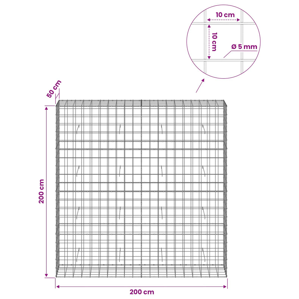 Γκαμπιόν με σύρμα 5 mm και πλέγμα 10x10 cm 200x50x200 εκ - Pakobazaar