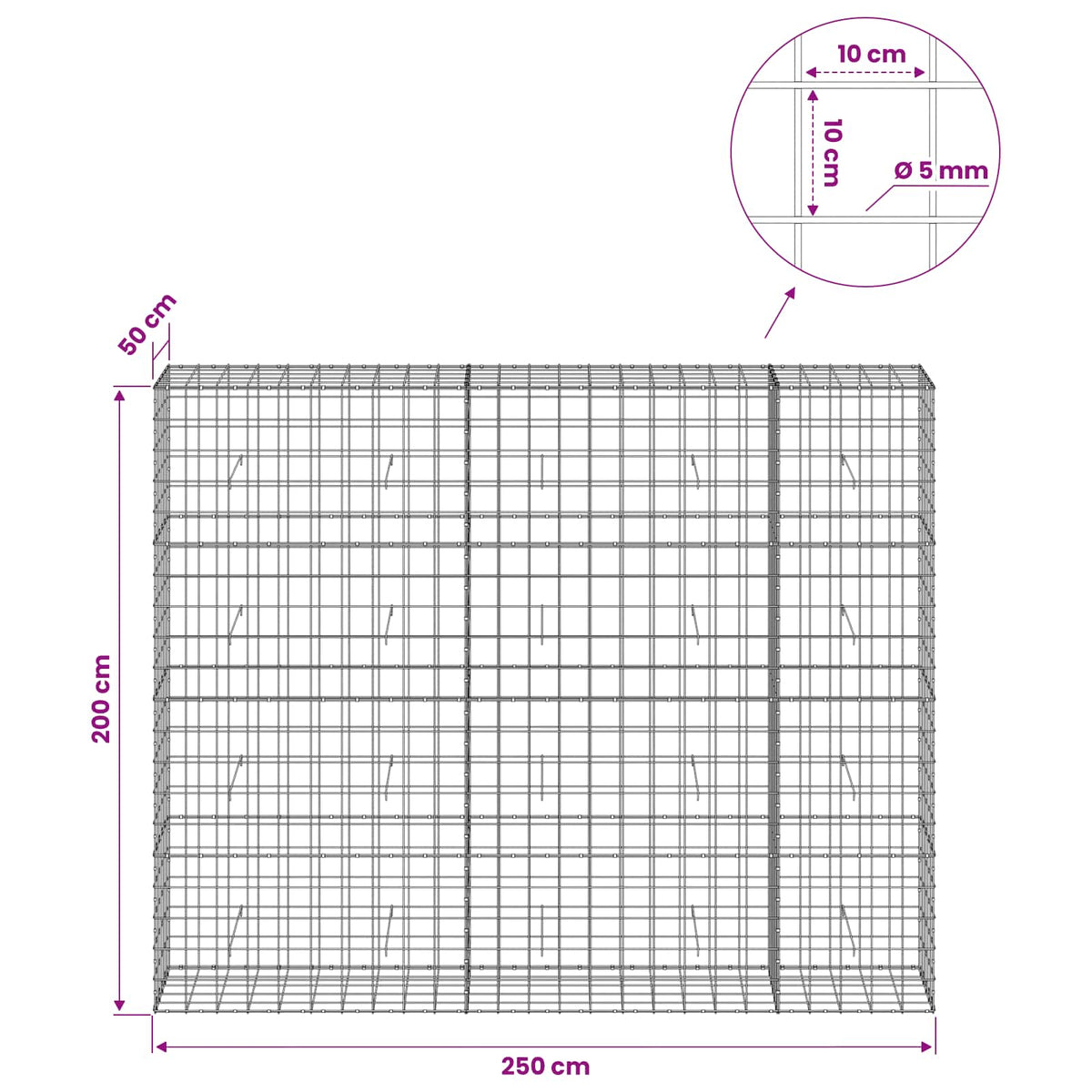 Γκαμπιόν με σύρμα 5 mm και πλέγμα 10x10 cm 250x50x200 εκ.