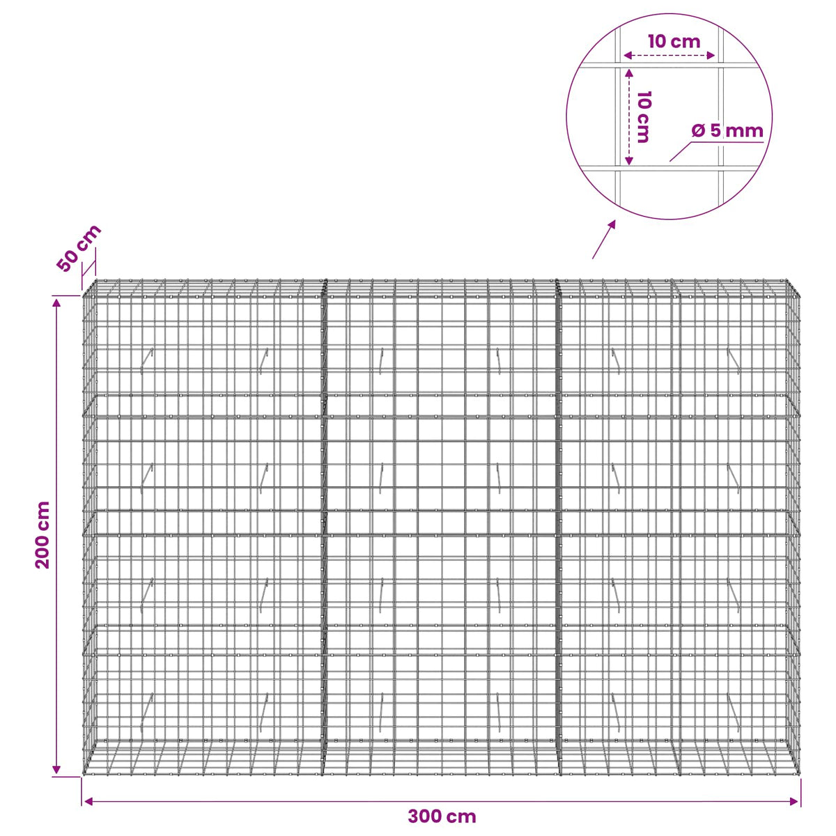 Γκαμπιόν με σύρμα 5 mm και πλέγμα 10x10 cm 300x50x200 εκ