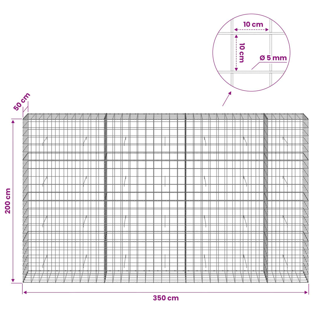Γκαμπιόν με σύρμα 5 mm και πλέγμα 10x10 cm 350x50x200 εκ - Pakobazaar