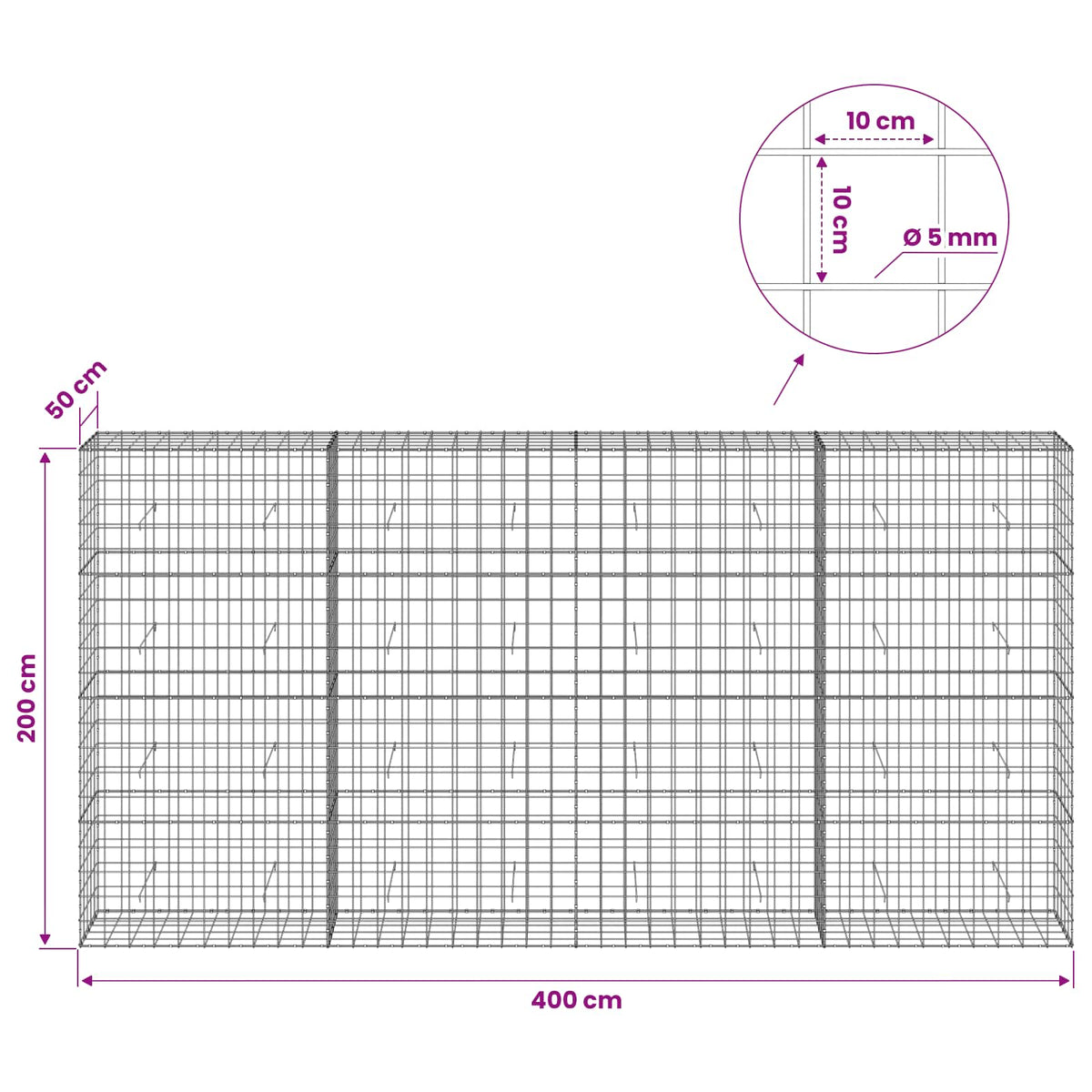 Γκαμπιόν με σύρμα 5 mm και πλέγμα 10x10 cm 400x50x200 εκ - Pakobazaar