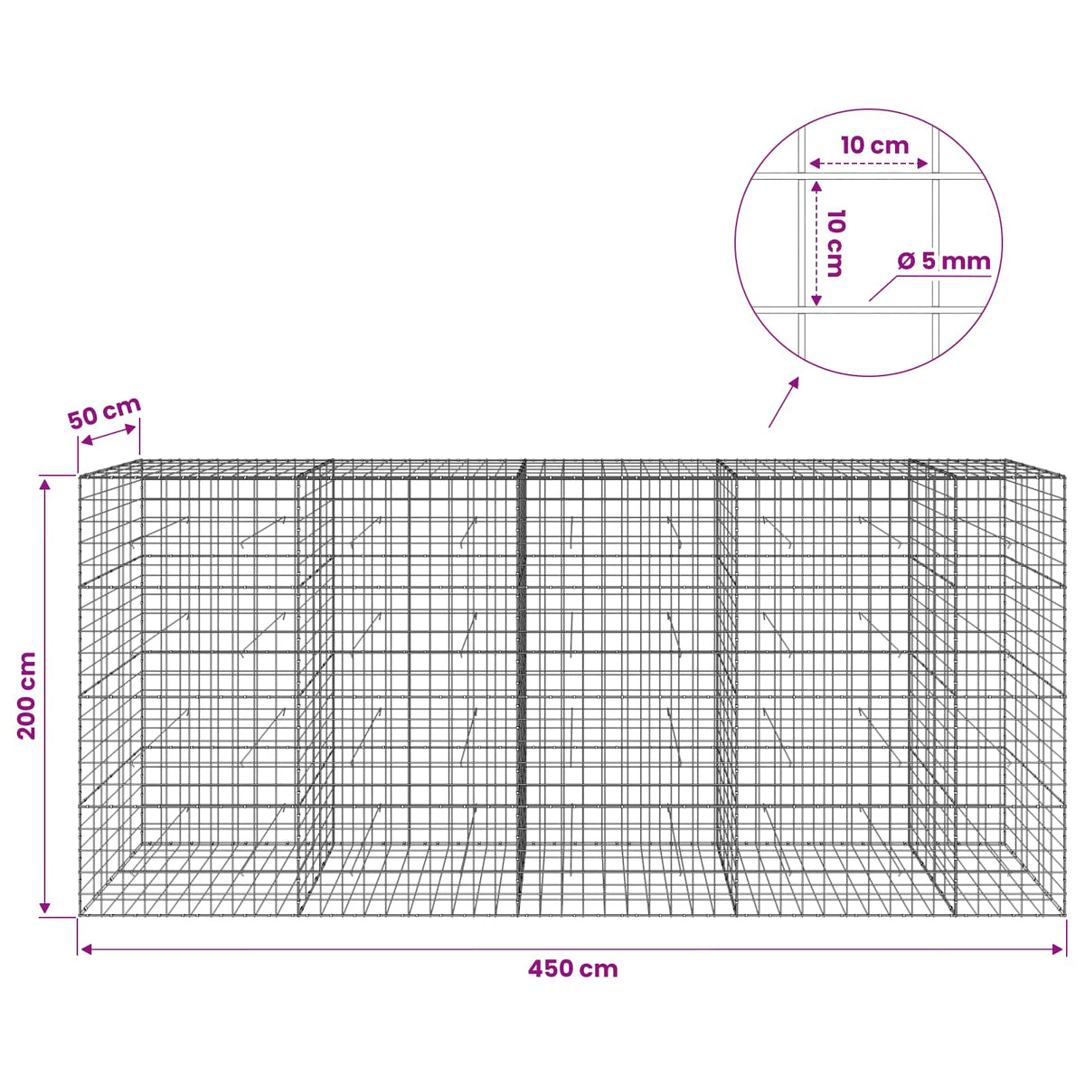 Γκαμπιόν με σύρμα 5 mm και πλέγμα 10x10 cm 450x50x200 εκ - Pakobazaar