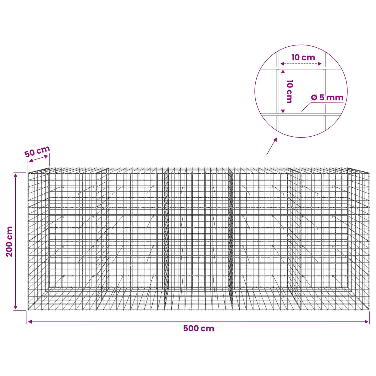 Γκαμπιόν με σύρμα 5 mm και πλέγμα 10x10 cm 500x50x200 εκ - Pakobazaar