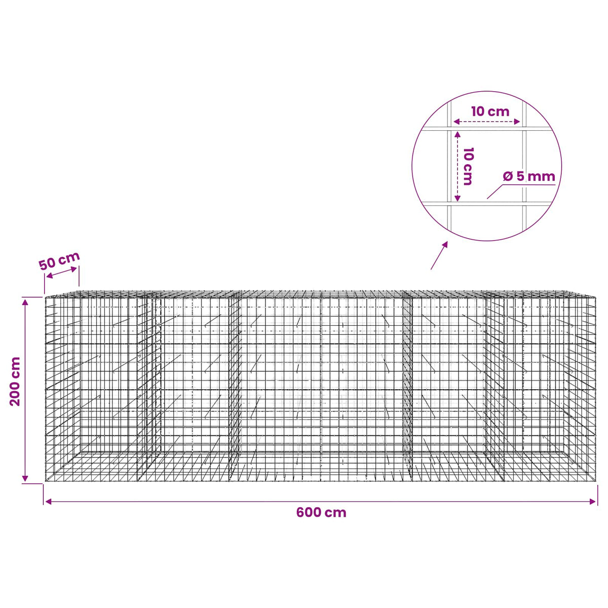 Γκαμπιόν με σύρμα 5 mm και πλέγμα 10x10 cm 600x50x200 εκ - Pakobazaar