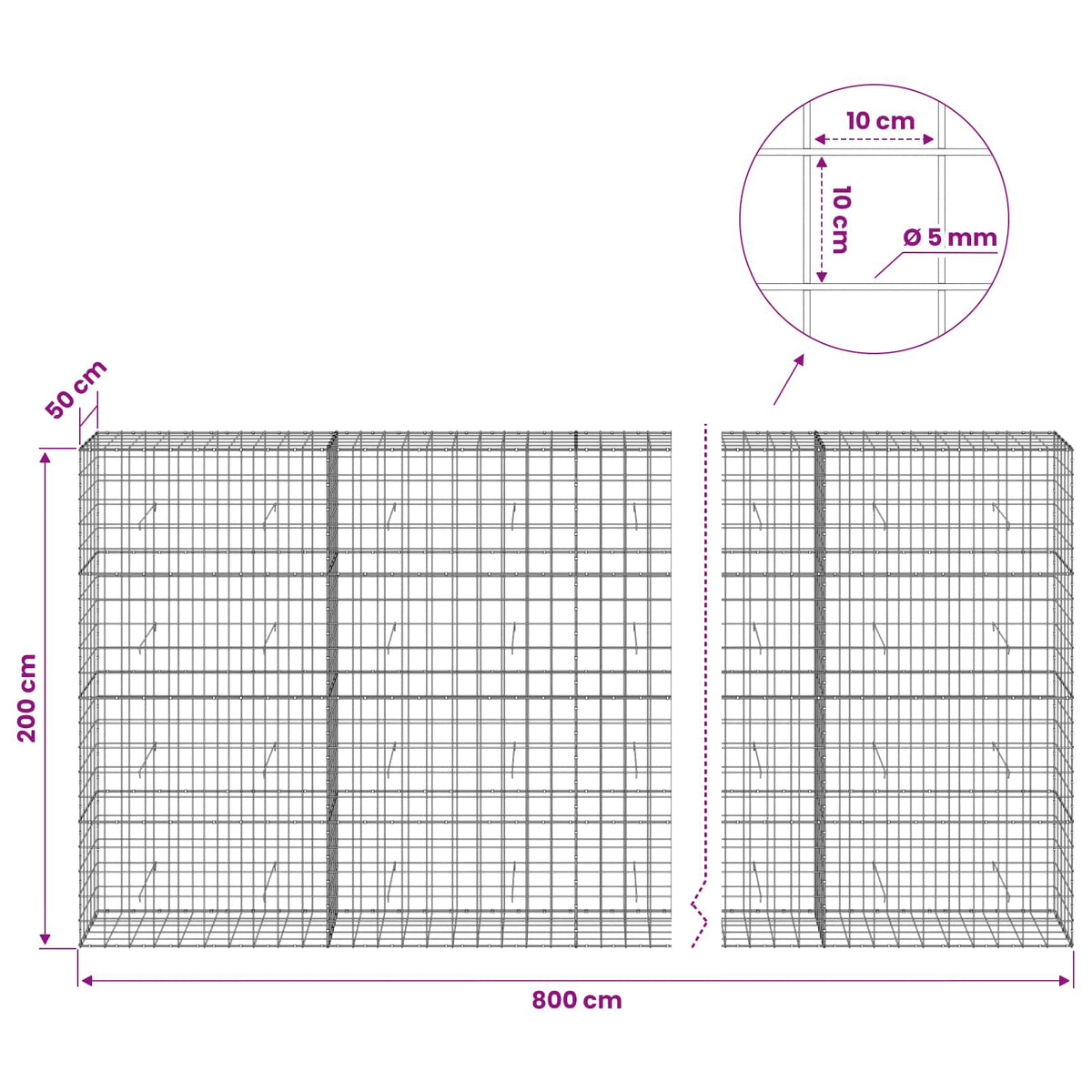 Γκαμπιόν με σύρμα 5 mm και πλέγμα 10x10 cm 800x50x200 εκ - Pakobazaar