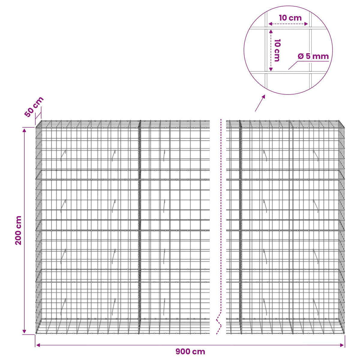 Γκαμπιόν με σύρμα 5 mm και πλέγμα 10x10 cm 900x50x200 εκ - Pakobazaar