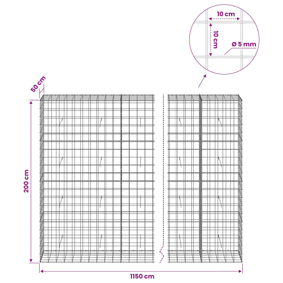 Γκαμπιόν με σύρμα 5 mm και πλέγμα 10x10 cm 1150x50x200 εκ - Pakobazaar