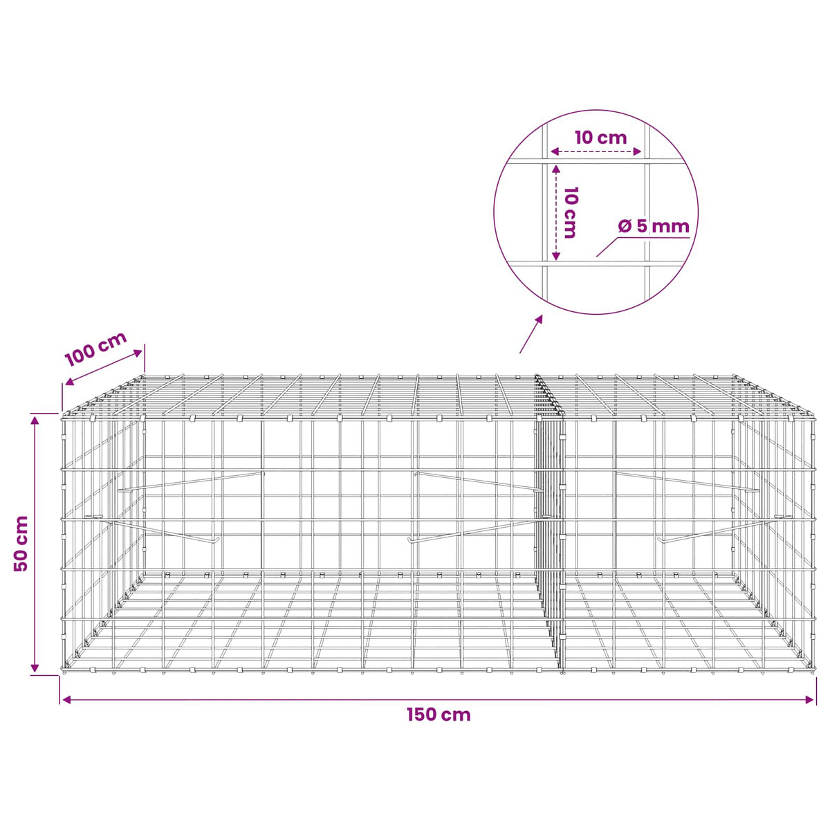 Γκαμπιόν με σύρμα 5 mm και πλέγμα 10x10 cm 150x100x50 εκ - Pakobazaar
