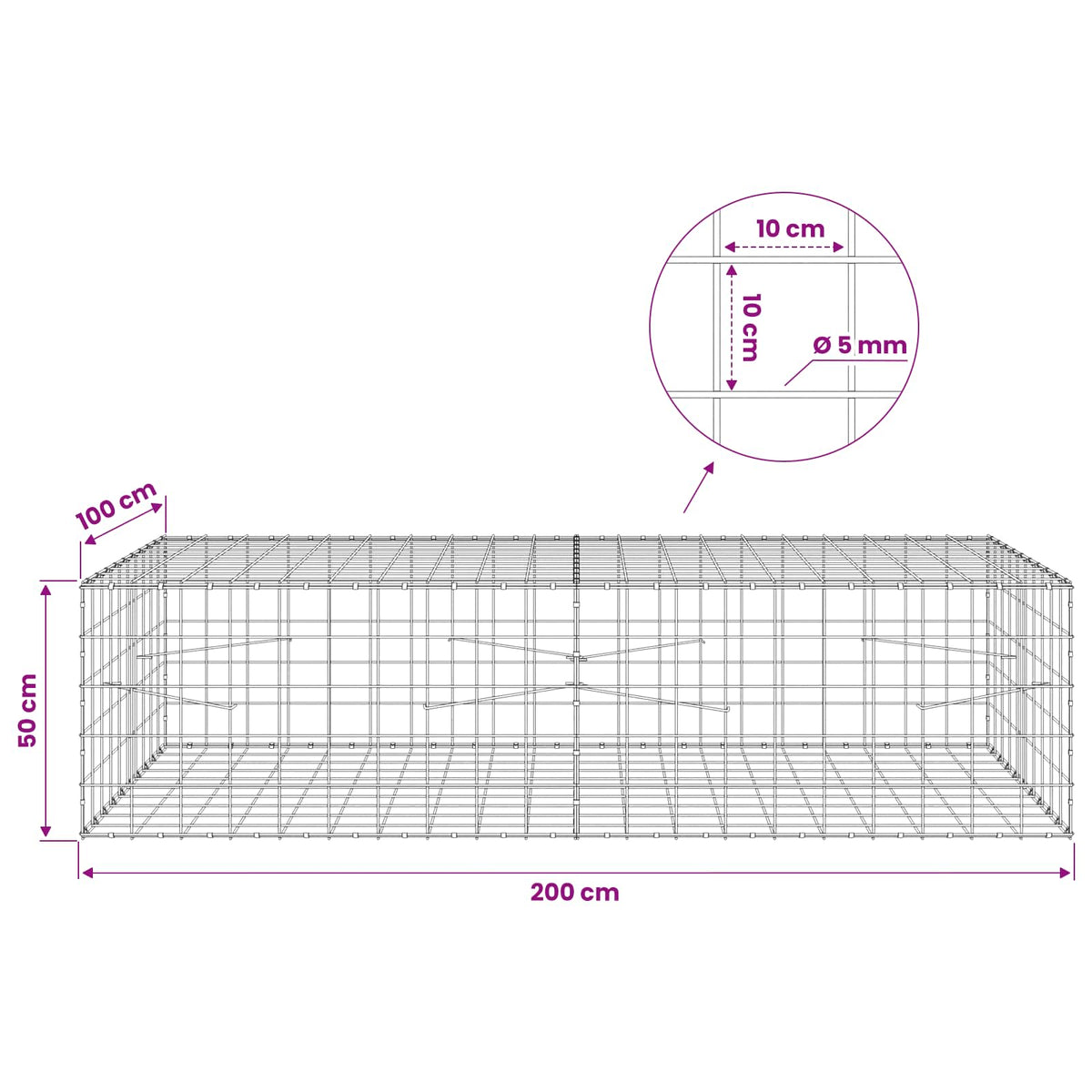 Γκαμπιόν με σύρμα 5 mm και πλέγμα 10x10 cm 200x100x50 εκ - Pakobazaar