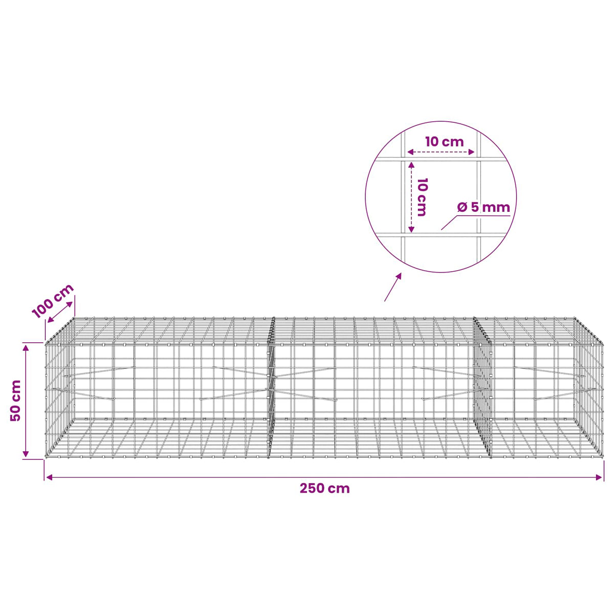 Γκαμπιόν με σύρμα 5 mm και πλέγμα 10x10 cm 250x100x50 εκ. - Pakobazaar