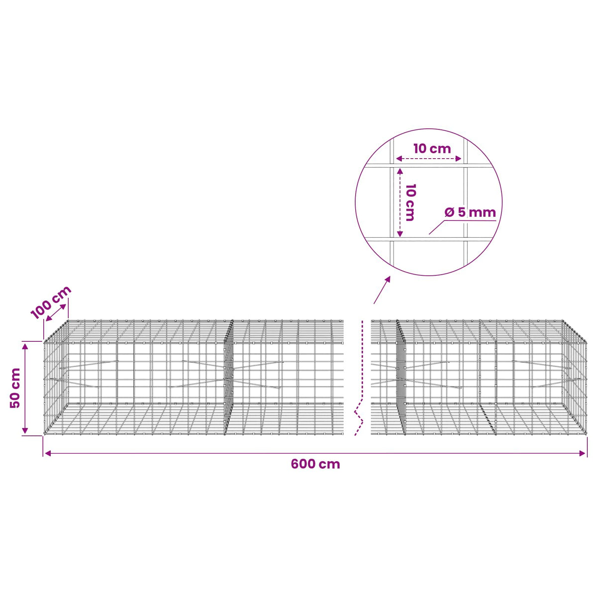Γκαμπιόν με σύρμα 5 mm και πλέγμα 10x10 cm 600x100x50 εκ. - Pakobazaar
