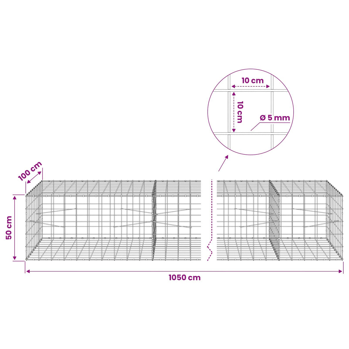 Γκαμπιόν με σύρμα 5 mm και πλέγμα 10x10 cm 1050x100x50 εκ.