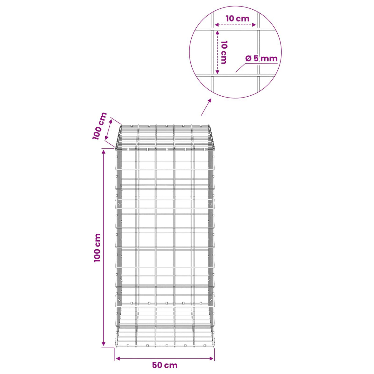 Γκαμπιόν με σύρμα 5 mm και πλέγμα 10x10 cm 50x100x100 εκ