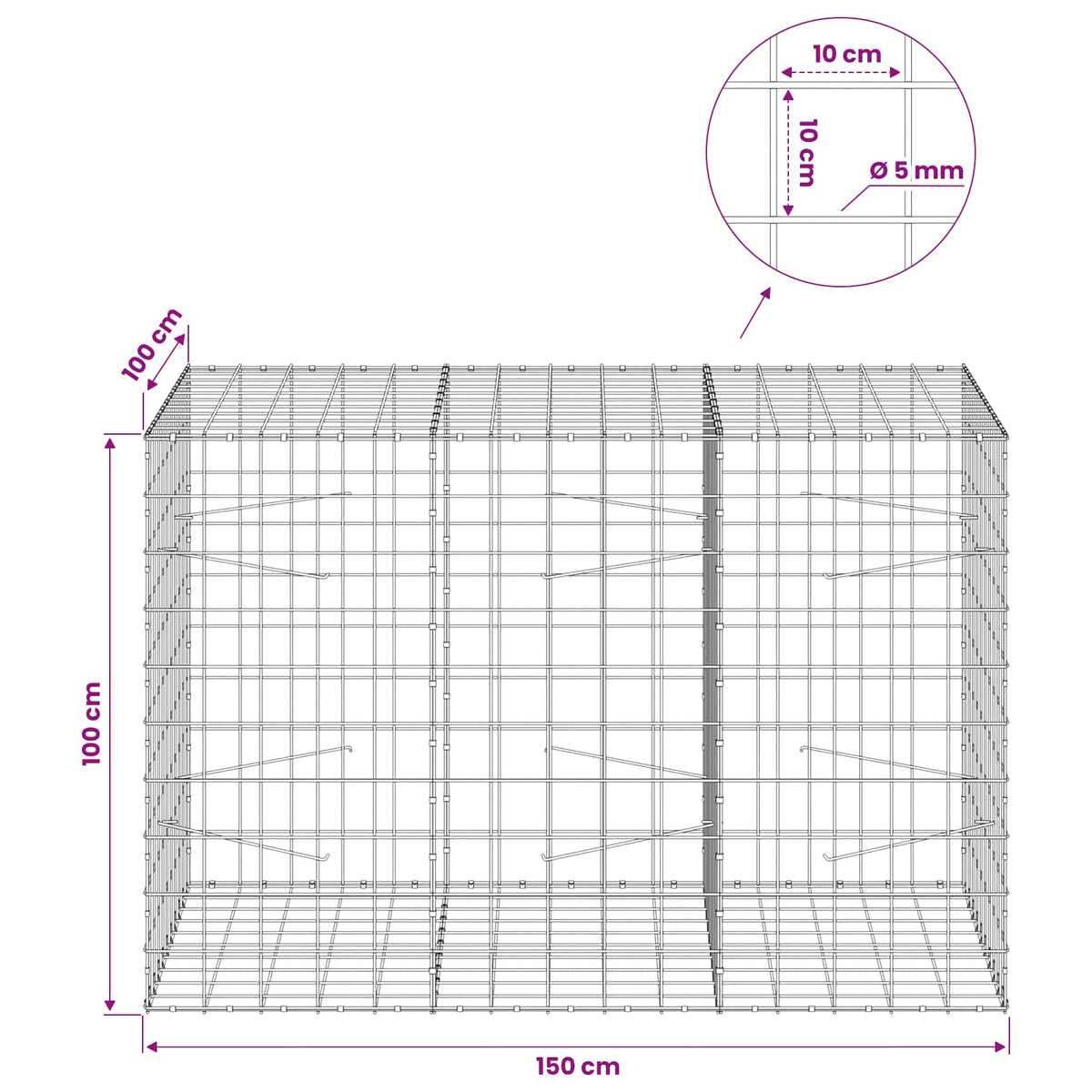 Γκαμπιόν με σύρμα 5 mm και πλέγμα 10x10 cm 150x100x100 εκ. - Pakobazaar