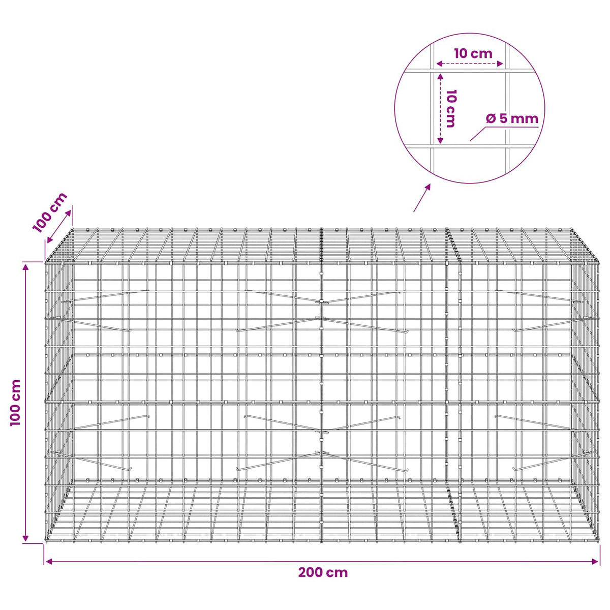 Γκαμπιόν με σύρμα 5 mm και πλέγμα 10x10 cm 200x100x100 εκ.