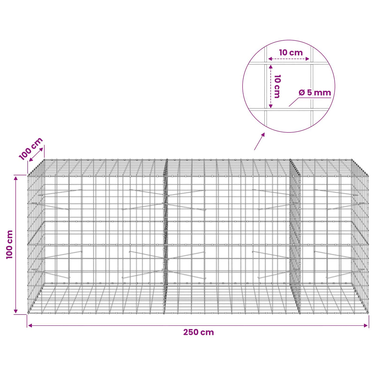 Γκαμπιόν με σύρμα 5 mm και πλέγμα 10x10 cm 250x100x100 εκ.