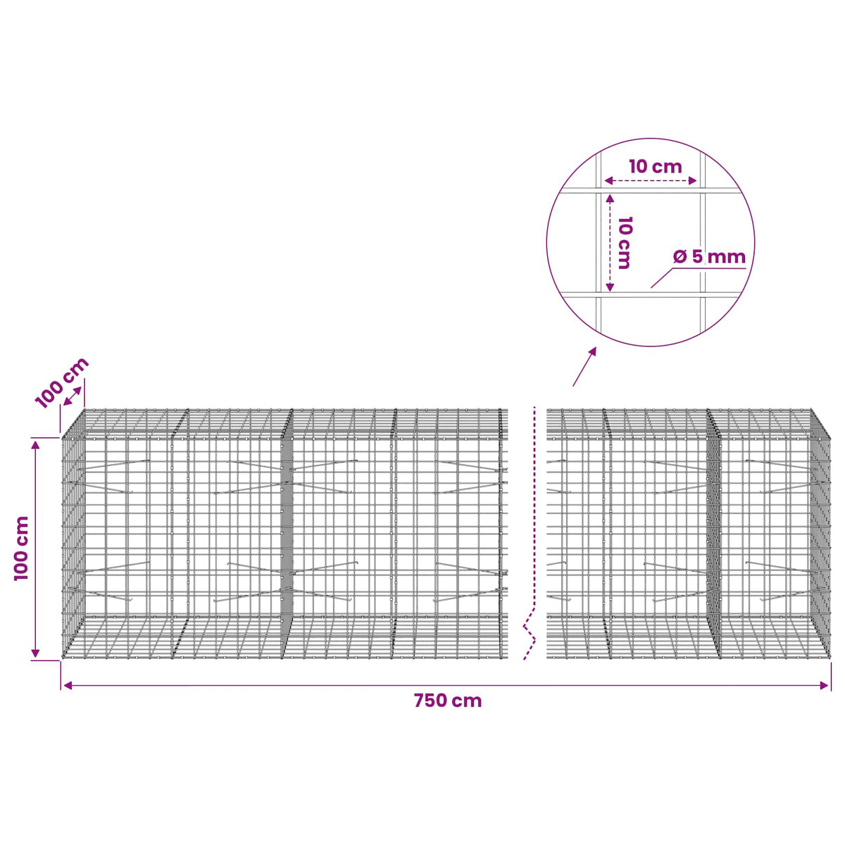 Γκαμπιόν με σύρμα 5 mm και πλέγμα 10x10 cm 750x100x100 εκ. - Pakobazaar