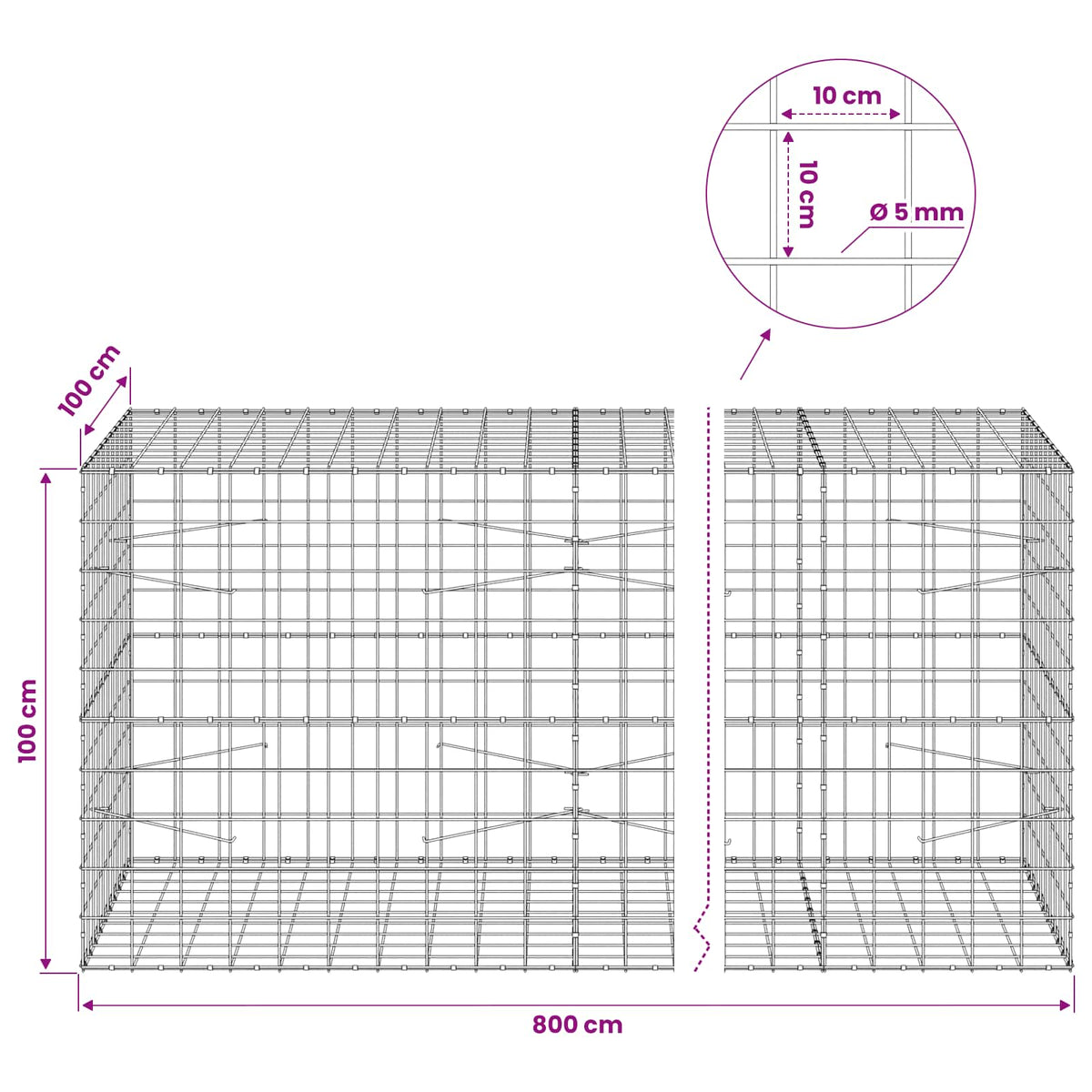 Γκαμπιόν με σύρμα 5 mm και πλέγμα 10x10 cm 800x100x100 εκ. - Pakobazaar