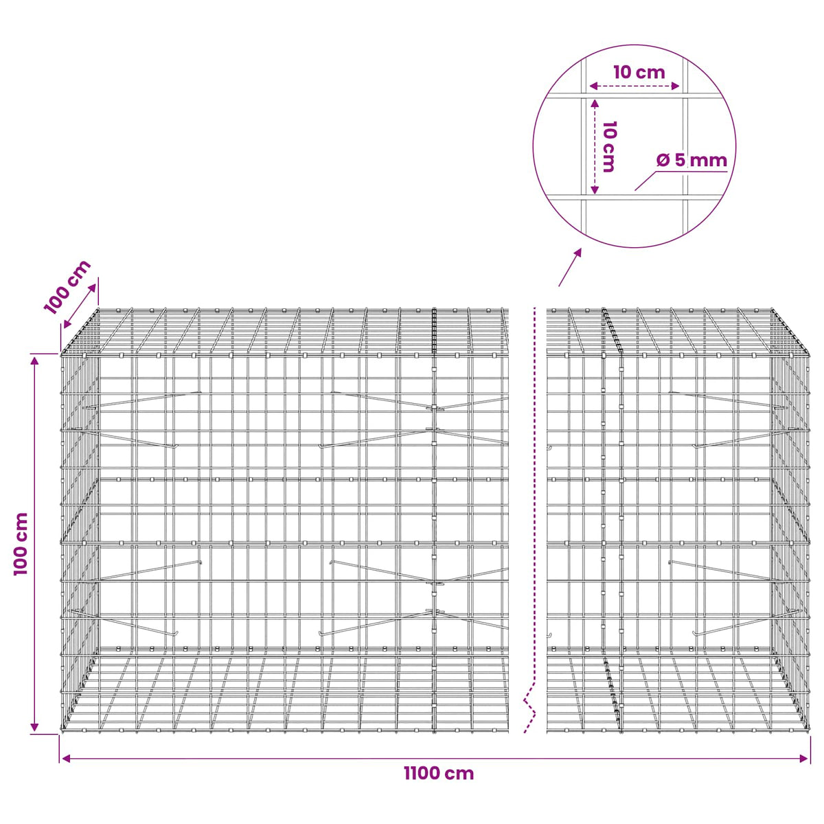 Γκαμπιόν με σύρμα 5 mm και πλέγμα 10x10 cm 1100x100x100 εκ