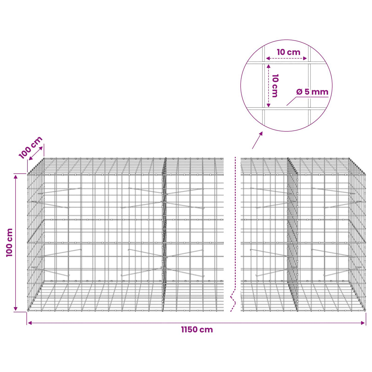 Γκαμπιόν με σύρμα 5 mm και πλέγμα 10x10 cm 1150x100x100 εκ. - Pakobazaar