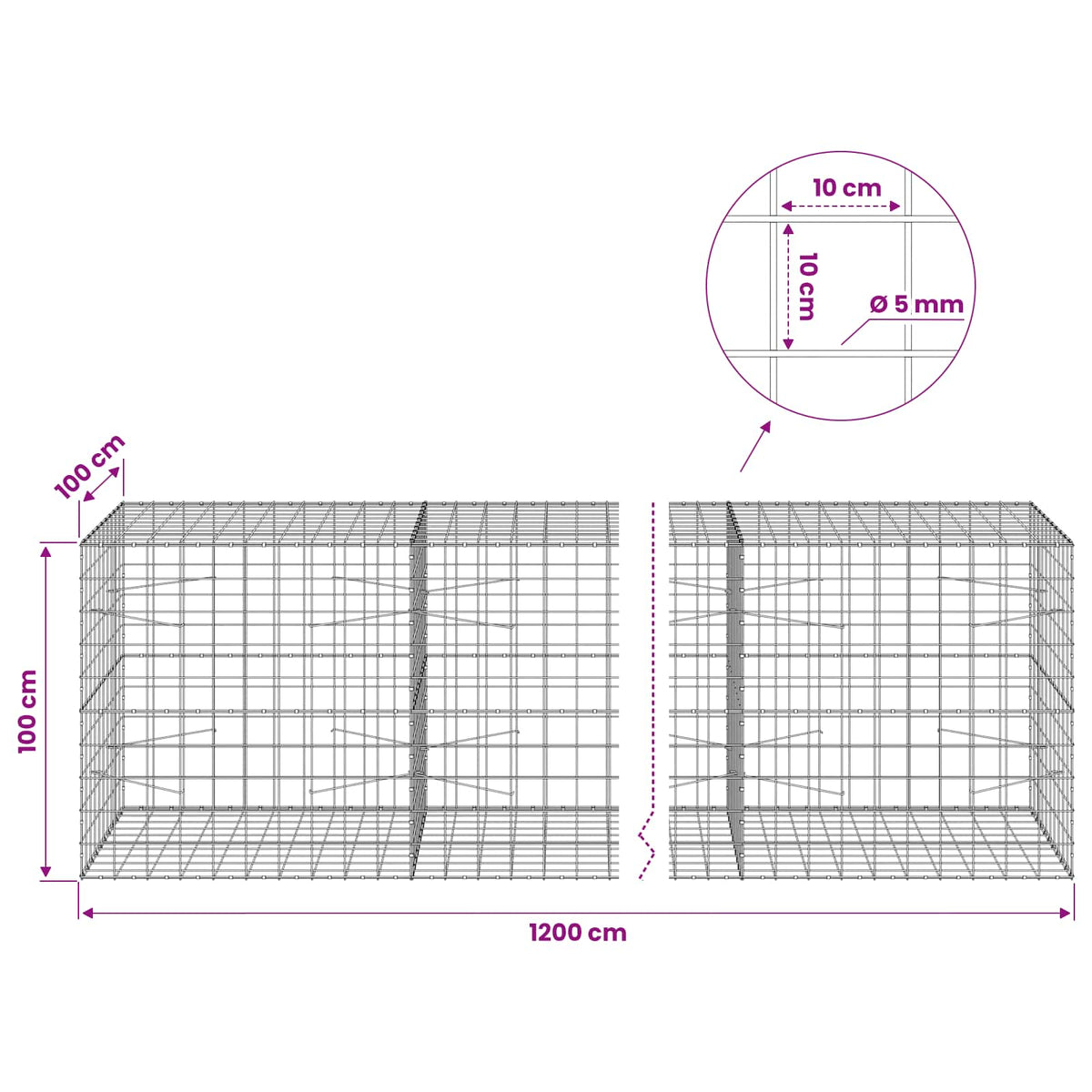 Γκαμπιόν με σύρμα 5 mm και πλέγμα 10x10 cm 1200x100x100 εκ - Pakobazaar
