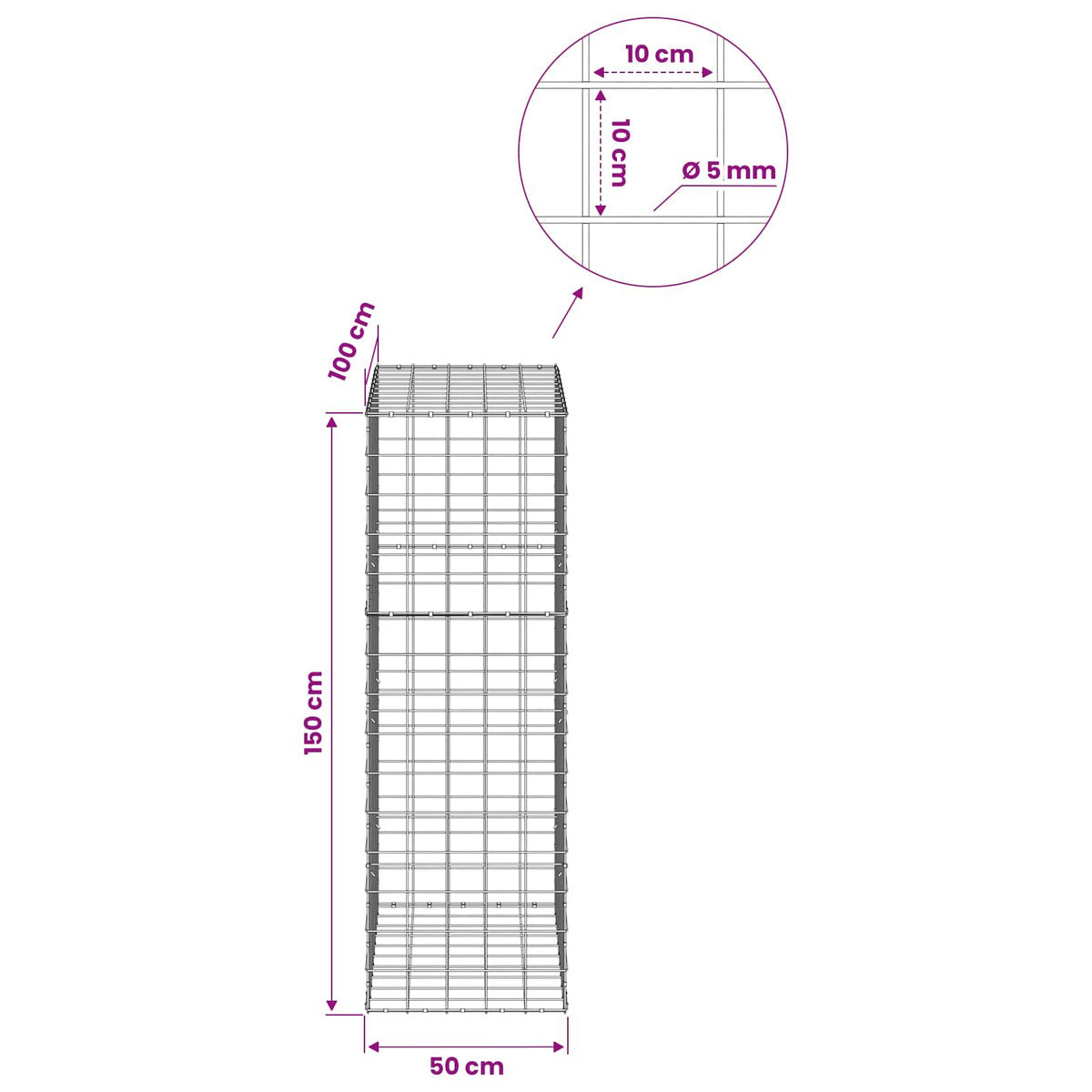 Γκαμπιόν με σύρμα 5 mm και πλέγμα 10x10 cm 50x100x150 εκ. - Pakobazaar