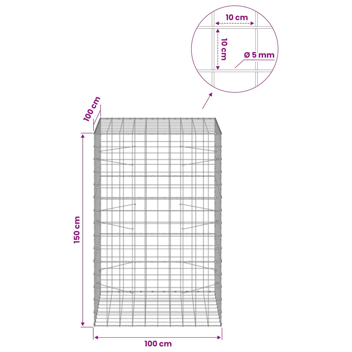 Γκαμπιόν με σύρμα 5 mm και πλέγμα 10x10 cm 100x100x150 εκ - Pakobazaar