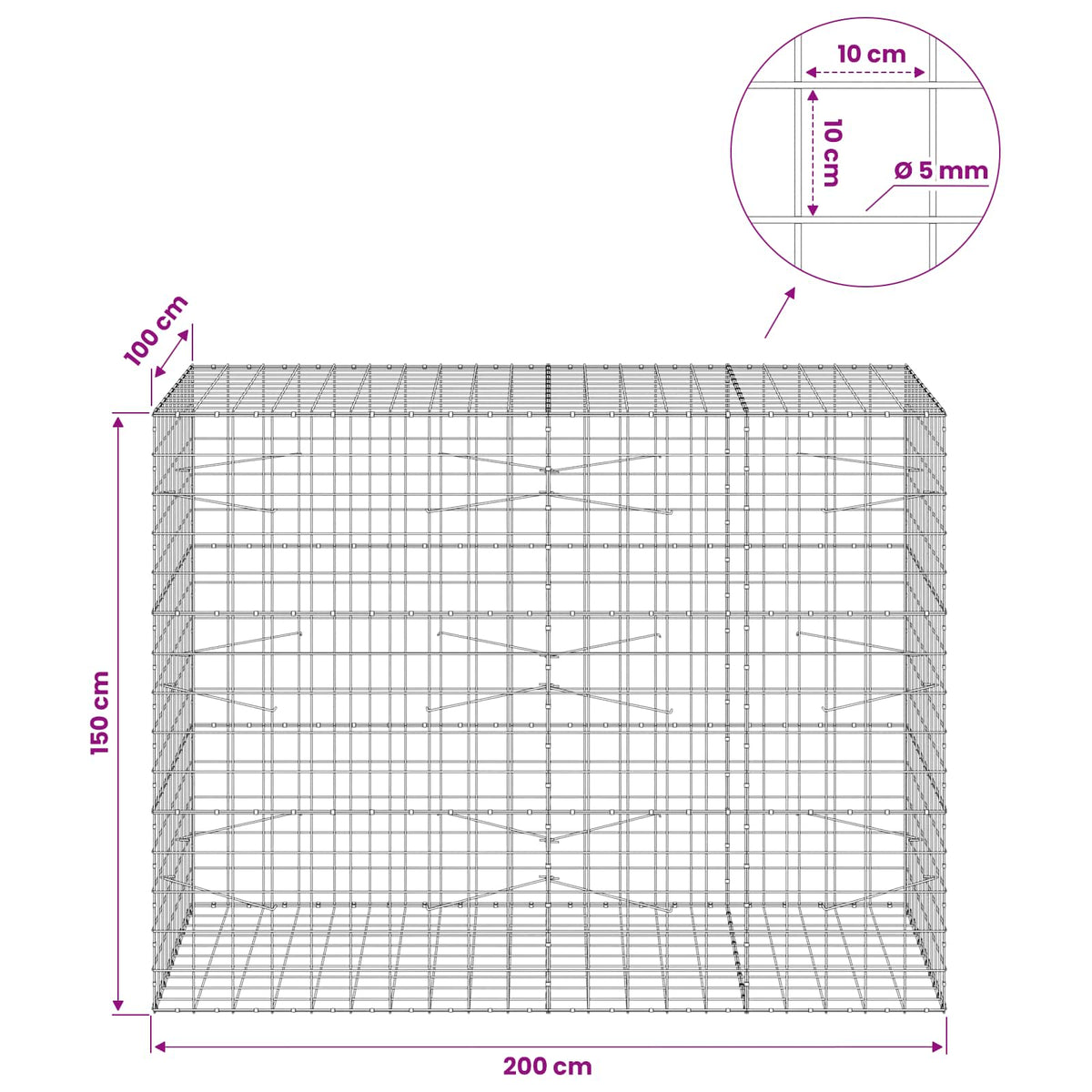 Γκαμπιόν με σύρμα 5 mm και πλέγμα 10x10 cm 200x100x150 εκ. - Pakobazaar