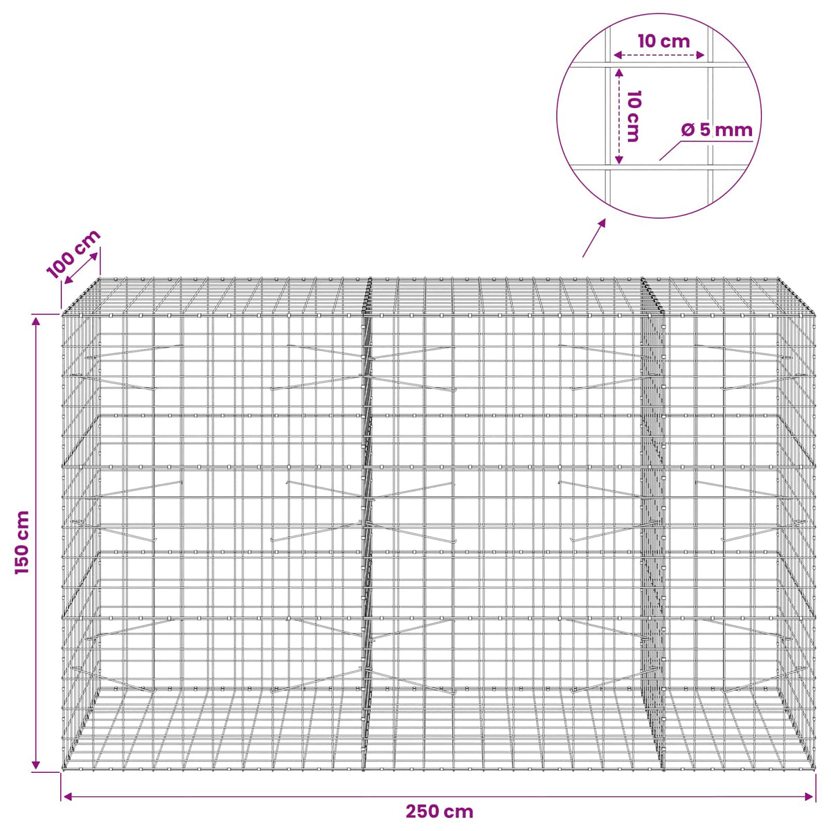 Γκαμπιόν με σύρμα 5 mm και πλέγμα 10x10 cm 250x100x150 εκ. - Pakobazaar