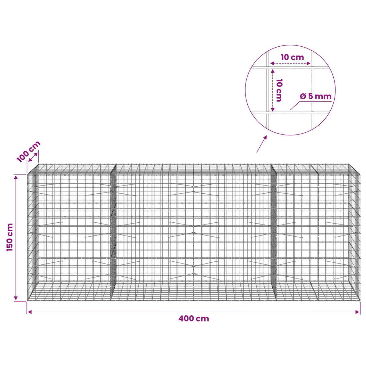 Γκαμπιόν με σύρμα 5 mm και πλέγμα 10x10 cm 400x100x150 εκ. - Pakobazaar