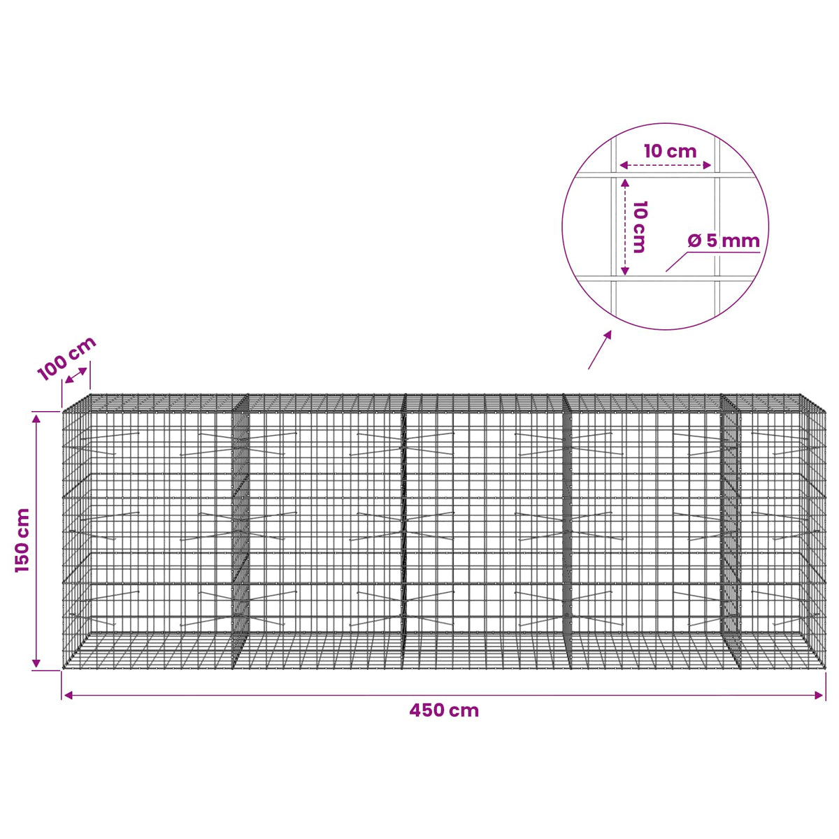 Γκαμπιόν με σύρμα 5 mm και πλέγμα 10x10 cm 450x100x150 εκ.
