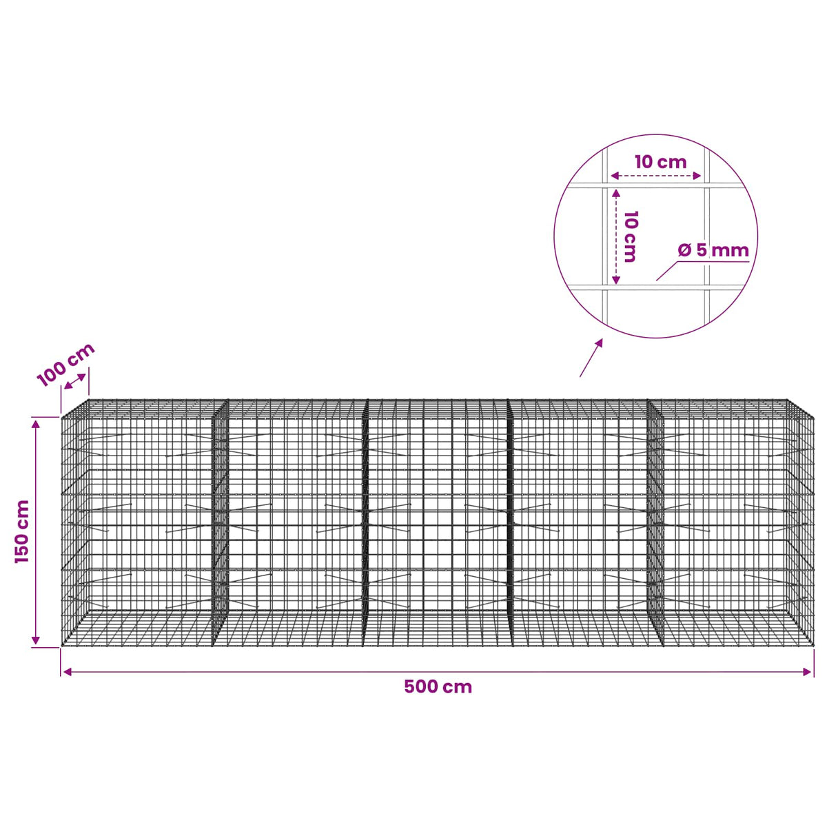 Γκαμπιόν με σύρμα 5 mm και πλέγμα 10x10 cm 500x100x150 εκ. - Pakobazaar