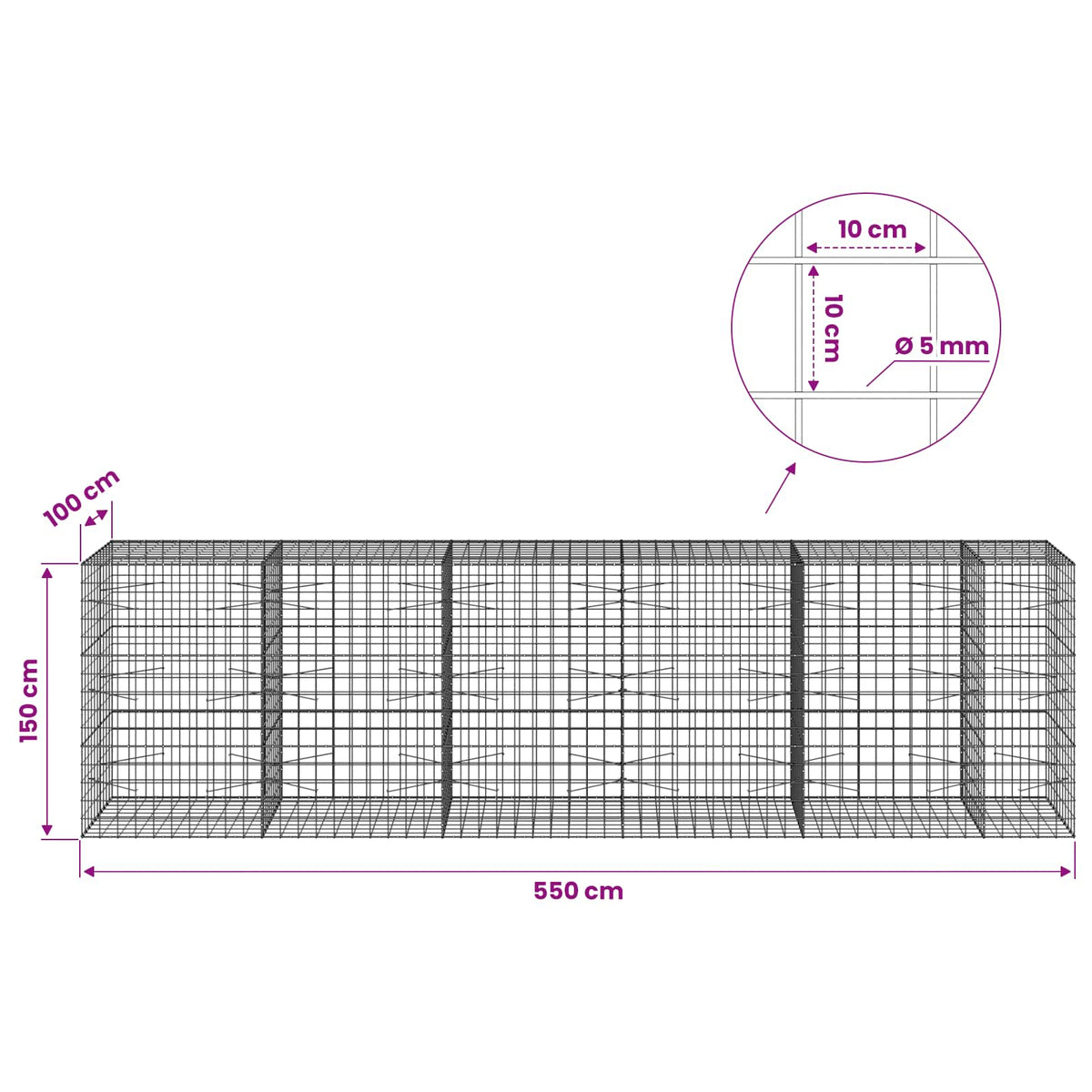Γκαμπιόν με σύρμα 5 mm και πλέγμα 10x10 cm 550x100x150 εκ. - Pakobazaar