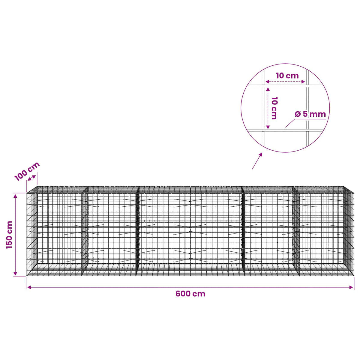 Γκαμπιόν με σύρμα 5 mm και πλέγμα 10x10 cm 600x100x150 εκ - Pakobazaar