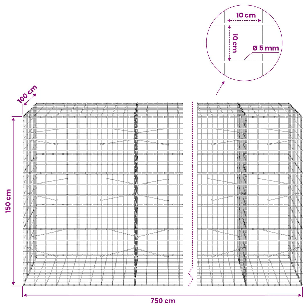 Γκαμπιόν με σύρμα 5 mm και πλέγμα 10x10 cm 750x100x150 εκ