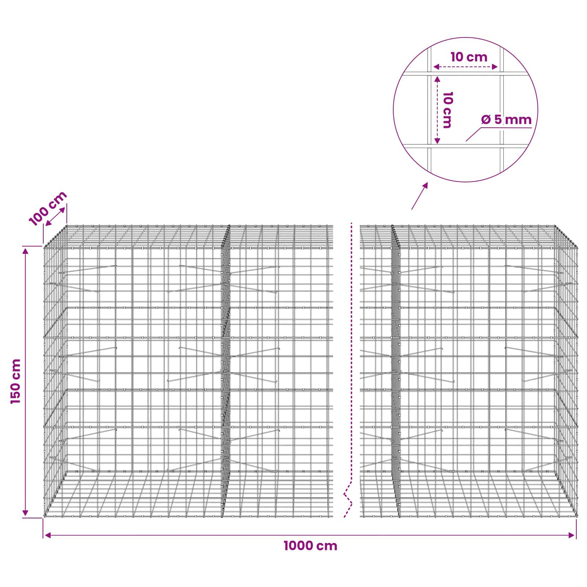 Γκαμπιόν με σύρμα 5 mm και πλέγμα 10x10 cm 1000x100x150 εκ. - Pakobazaar