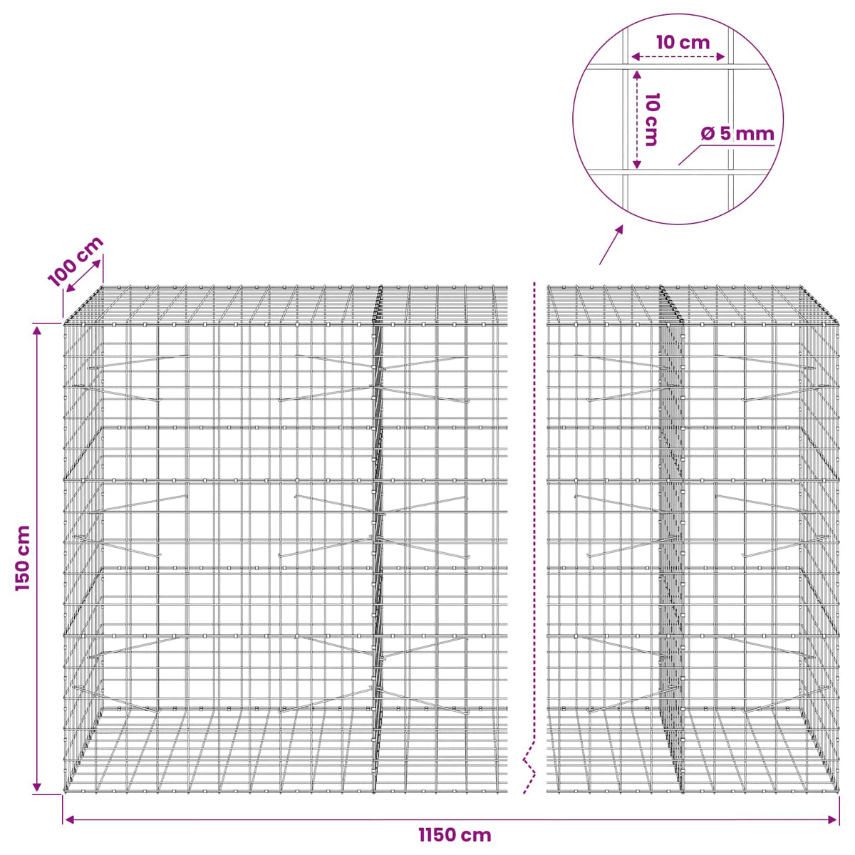 Γκαμπιόν με σύρμα 5 mm και πλέγμα 10x10 cm 1150x100x150 εκ. - Pakobazaar