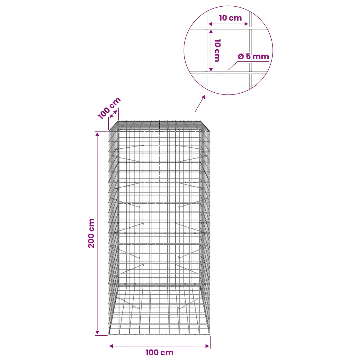 Γκαμπιόν με σύρμα 5 mm και πλέγμα 10x10 cm 100x100x200 εκ - Pakobazaar