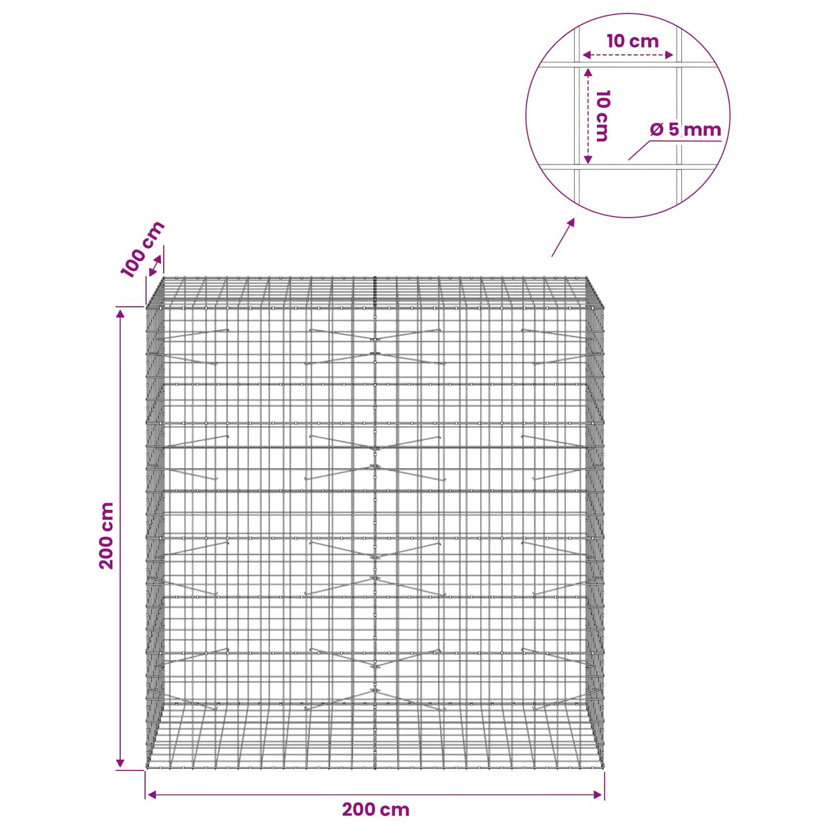 Γκαμπιόν με σύρμα 5 mm και πλέγμα 10x10 cm 200x100x200 εκ