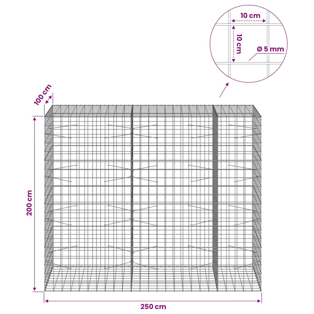 Γκαμπιόν με σύρμα 5 mm και πλέγμα 10x10 cm 250x100x200 εκ.