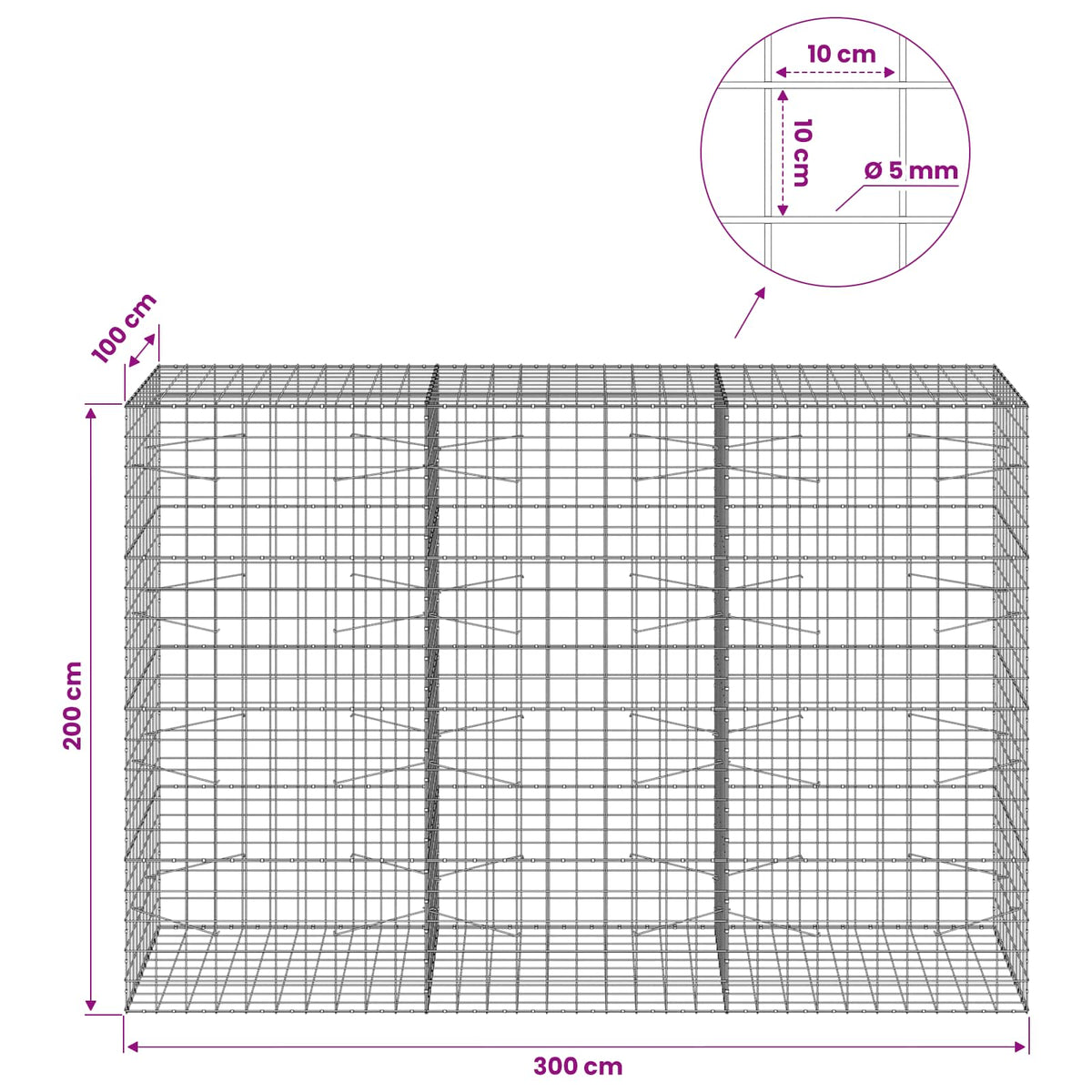 Γκαμπιόν με σύρμα 5 mm και πλέγμα 10x10 cm 300x100x200 εκ