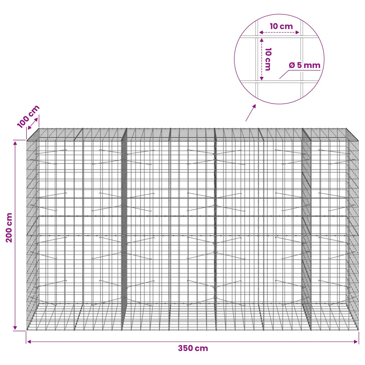 Γκαμπιόν με σύρμα 5 mm και πλέγμα 10x10 cm 350x100x200 εκ. - Pakobazaar