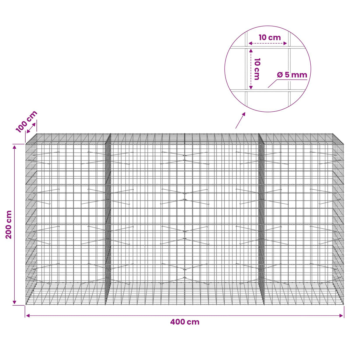 Γκαμπιόν με σύρμα 5 mm και πλέγμα 10x10 cm 400x100x200 εκ
